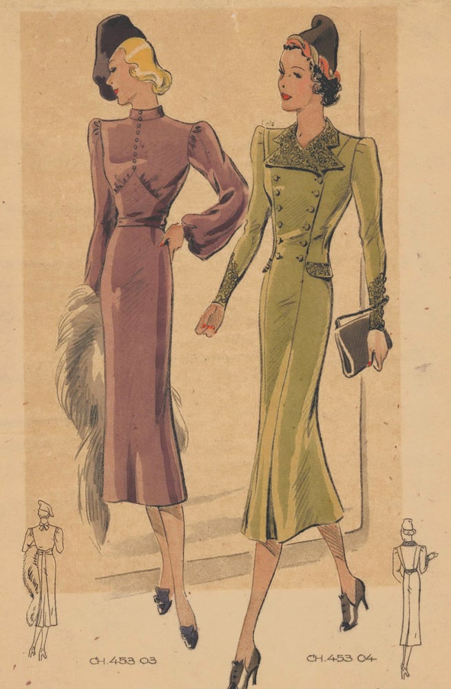 Item nr. 161900 Elegant fall outfits with button details. Original Fashion Illustration. Ginette de Paris, Ginette Jaccard.