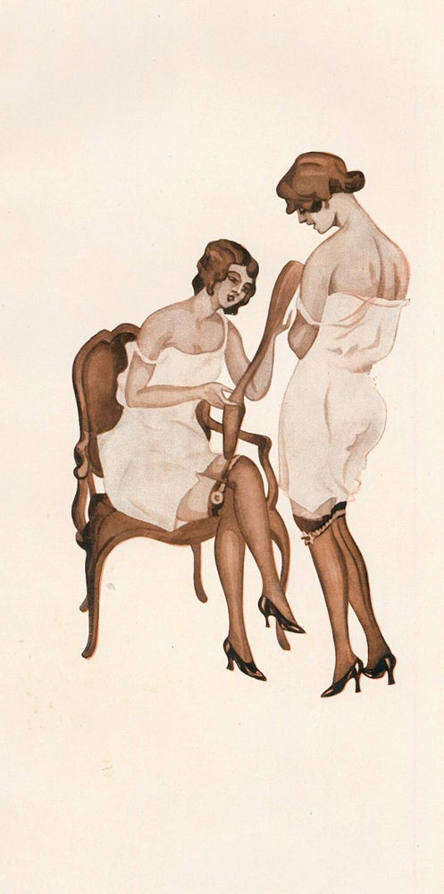 Item nr. 162180 138. Two women admiring stockings. Stockings Advertisement Illustration. German School.