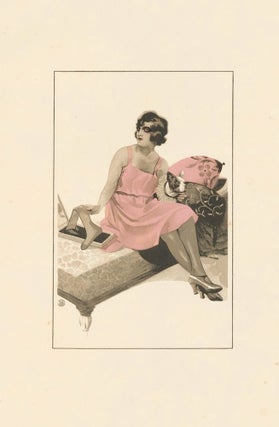 Item nr. 162184 60. Woman in pink with dog. Stockings Advertisement Illustration. German School