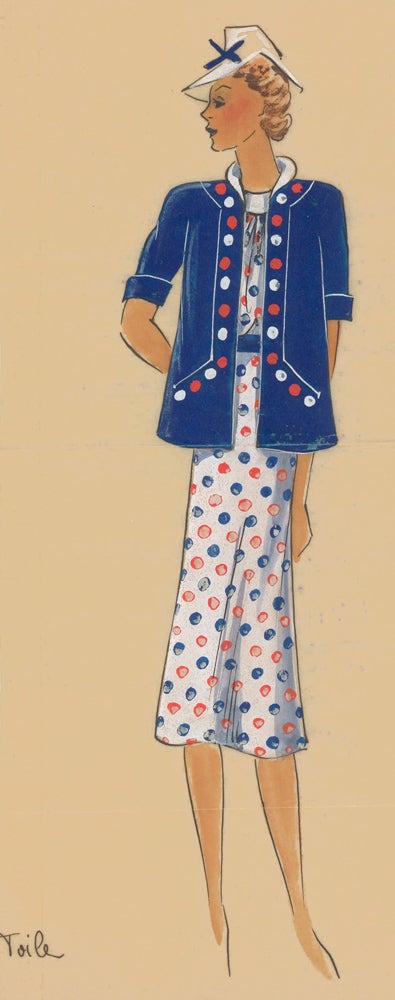 Item nr. 162458 Polka Dot Dress in white, with red and blue accents. Original Fashion Illustration. Ginette de Paris, Ginette Jaccard.