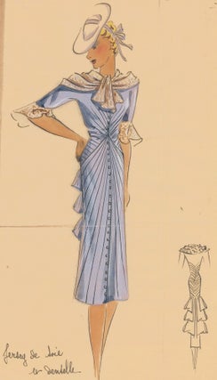 Item nr. 162460 Periwinkle Silk Jersey Dress with rouching, and Pert-style brimmed hat. Original...