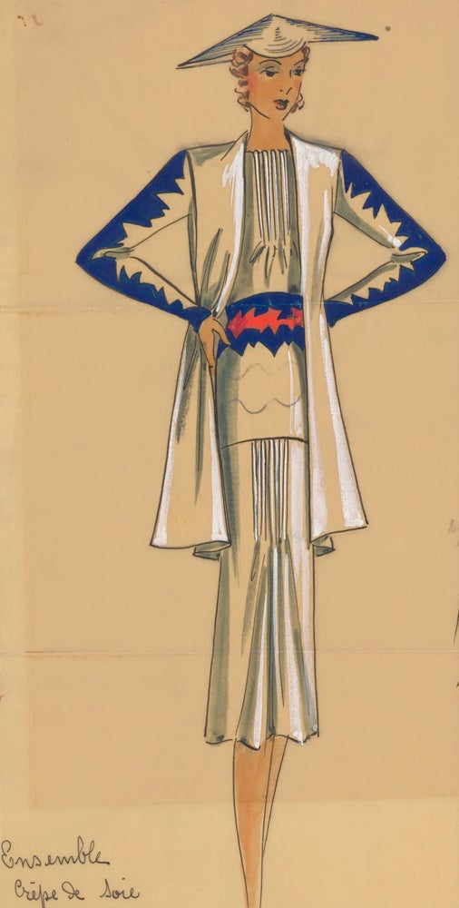 Item nr. 162461 Futuristic Ensemble in Crepe de Soie, with accented blue sleeves and pleated details. Original Fashion Illustration. Ginette de Paris, Ginette Jaccard.