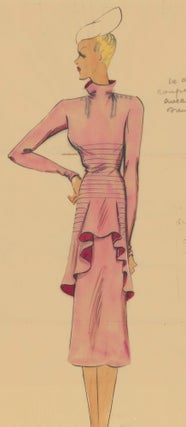 Item nr. 162462 High-neck, pink dress with asymmetrical ruffle. Original Fashion Illustration....