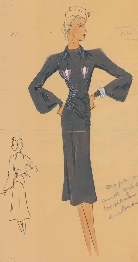 Item nr. 162463 Black, draped dress with embroidered details, and tan, garrison cap. Original Fashion Illustration. Ginette de Paris, Ginette Jaccard.