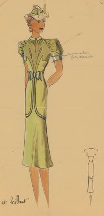Item nr. 162464 Sage green paneled dress with puffed sleeves, cut-out details and cinched waist...