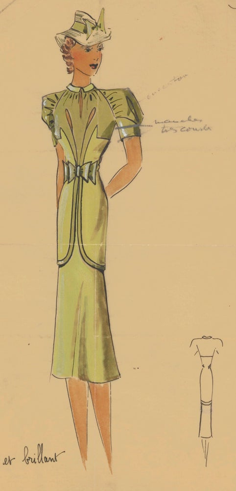 Item nr. 162464 Sage green paneled dress with puffed sleeves, cut-out details and cinched waist with bow. Original Fashion Illustration. Ginette de Paris, Ginette Jaccard.
