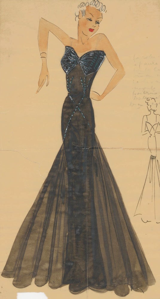 Item nr. 162465 Black Fit-and-Flare Evening Gown with beaded details. Original Fashion Illustration. Ginette de Paris, Ginette Jaccard.