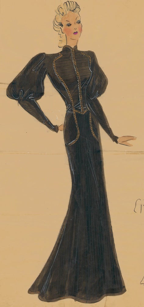 Black evening gown, with military-style bodice and gigot sleeves. Original  Fashion Illustration | Ginette de Paris, Ginette Jaccard