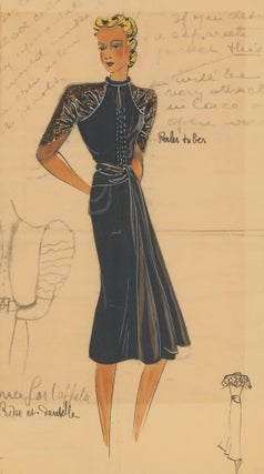 Item nr. 162467 Black halter dress with lace cap sleeves. Original Fashion Illustration. Ginette...