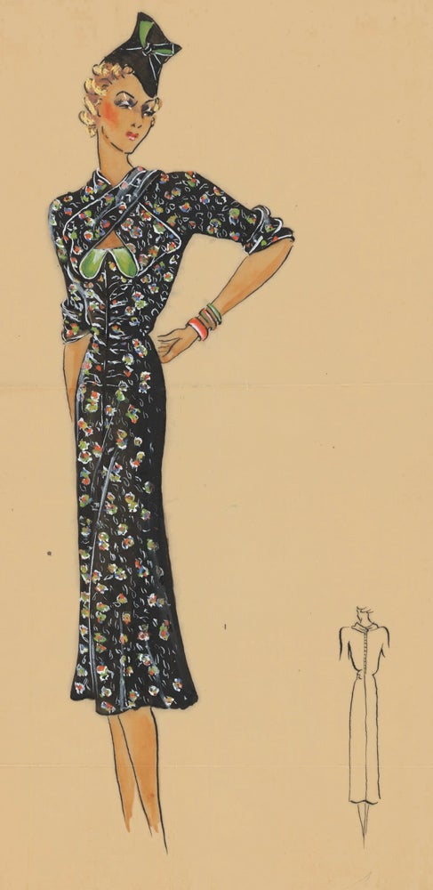 Item nr. 162468 Floral, black button-up dress with folded neckline. Original Fashion Illustration. Ginette de Paris, Ginette Jaccard.