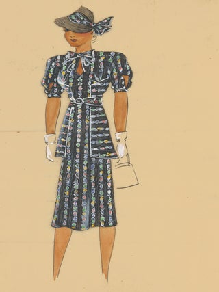 Item nr. 162469 Multi-colored chain-patterned dress, with belted jacket. Original Fashion...
