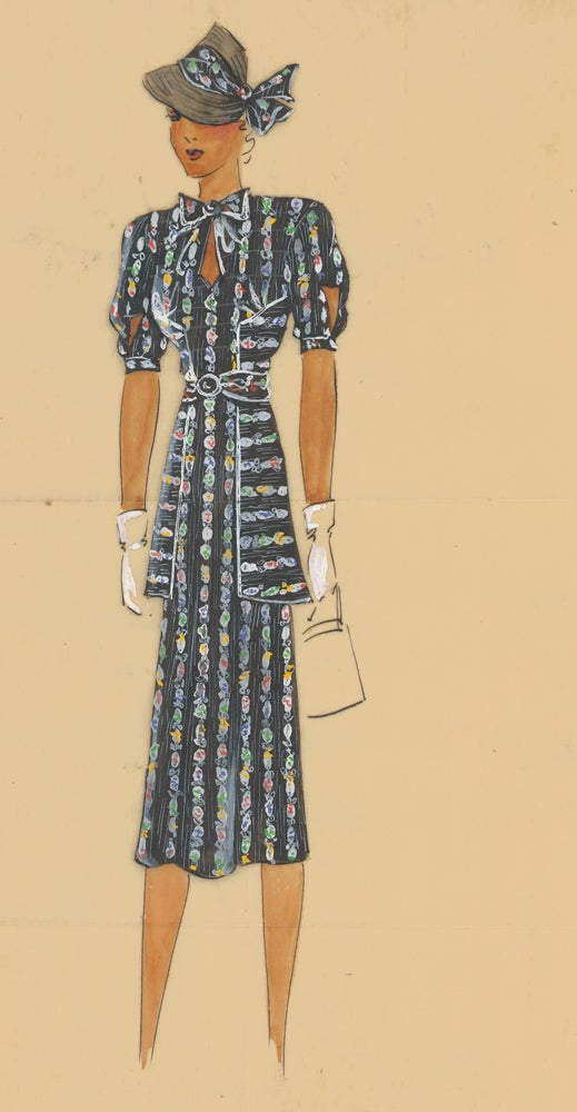 Item nr. 162469 Multi-colored chain-patterned dress, with belted jacket. Original Fashion Illustration. Ginette de Paris, Ginette Jaccard.
