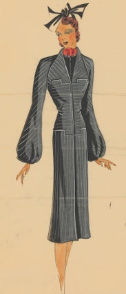 Item nr. 162470 Grey pinstripe overcoat with puffed sleeves. Original Fashion Illustration....