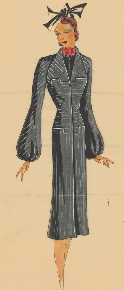 Item nr. 162470 Grey pinstripe overcoat with puffed sleeves. Original Fashion Illustration. Ginette de Paris, Ginette Jaccard.
