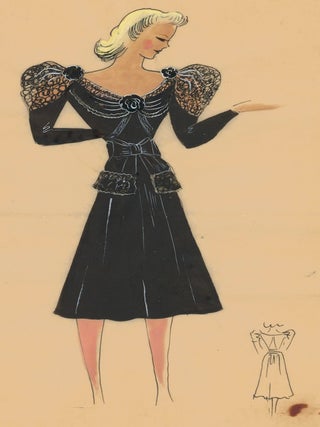 Item nr. 162471 Black boatneck dress with lace puffed sleeves, accented with rosettes. Original...