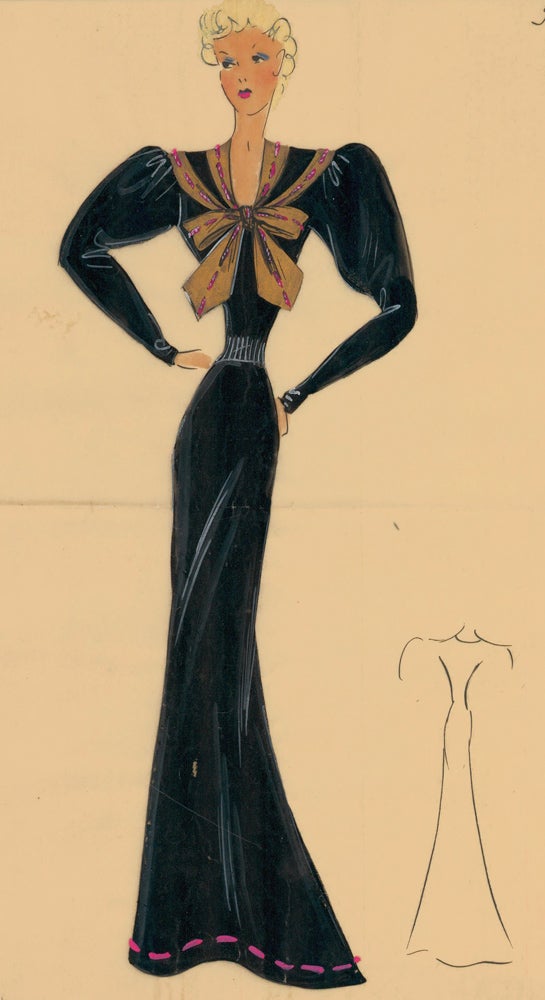 Item nr. 162472 Black, long-sleeved gown with a nautical-style bow. Original Fashion Illustration. Ginette de Paris, Ginette Jaccard.