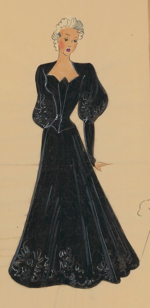 Item nr. 162473 Floor-length black gown, with a sweetheart neckline variation and gigot sleeves. Original Fashion Illustration. Ginette de Paris, Ginette Jaccard.
