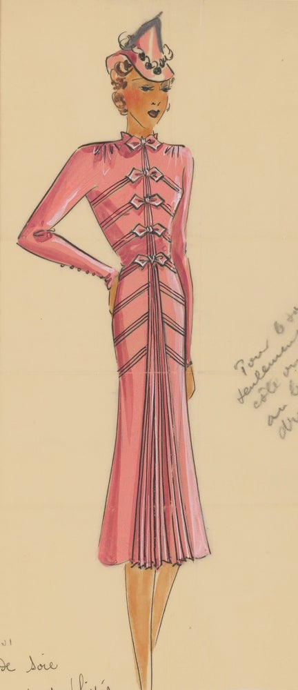 Item nr. 162474 Pink, military-style dress with pleated details and bows. Original Fashion Illustration. Ginette de Paris, Ginette Jaccard.