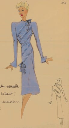 Item nr. 162475 Periwinkle dress with diagonal ribbon details. Original Fashion Illustration....