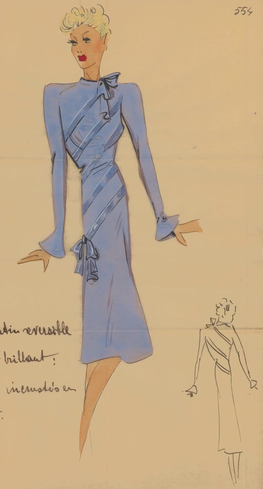 Item nr. 162475 Periwinkle dress with diagonal ribbon details. Original Fashion Illustration. Ginette de Paris, Ginette Jaccard.