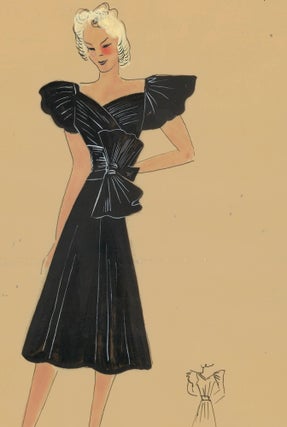 Item nr. 162476 Black dress with surplice neck and cap sleeves. Original Fashion Illustration....
