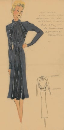 Item nr. 162477 Draped halter dress with long sleeves, in grey. Original Fashion Illustration....