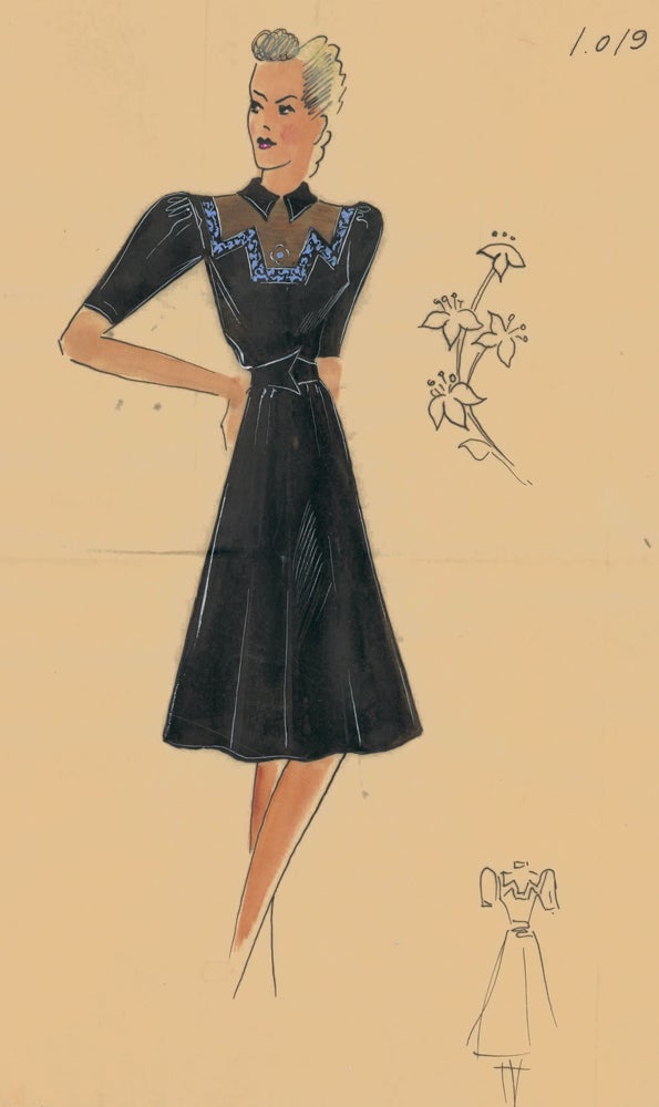 Item nr. 162489 Collared dress with sheer, geometric neckline. Original Fashion Illustration. Ginette de Paris, Ginette Jaccard.