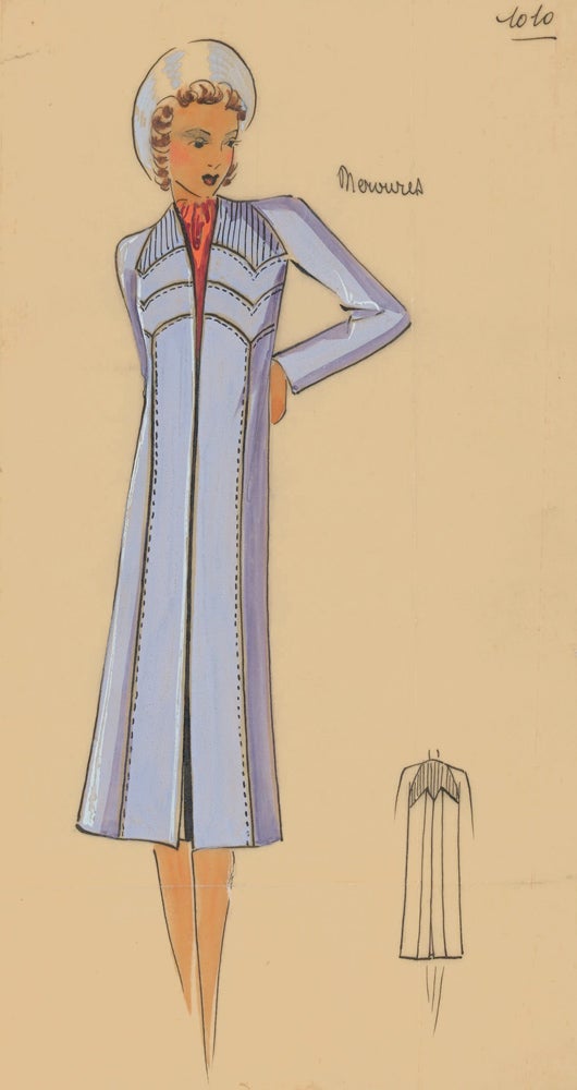 Item nr. 162490 Lilac overcoat with stitched-panel details. Original Fashion Illustration. Ginette de Paris, Ginette Jaccard.