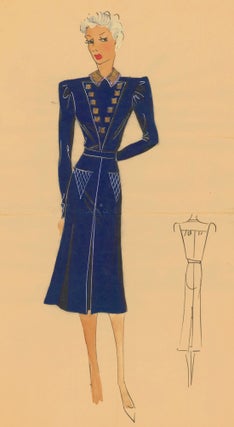 Item nr. 162491 Belted, military-style dress in midnight blue, with gold details. Original...