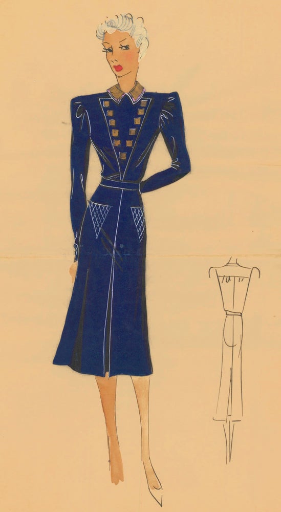 Item nr. 162491 Belted, military-style dress in midnight blue, with gold details. Original Fashion Illustration. Ginette de Paris, Ginette Jaccard.