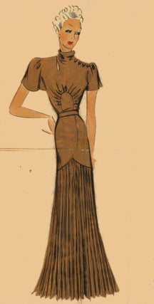 Item nr. 162492 Bronze evening gown with pleated skirt. Original Fashion Illustration. Ginette de...