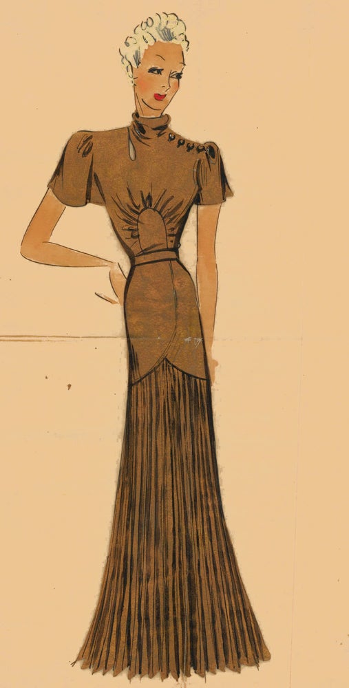 Item nr. 162492 Bronze evening gown with pleated skirt. Original Fashion Illustration. Ginette de Paris, Ginette Jaccard.