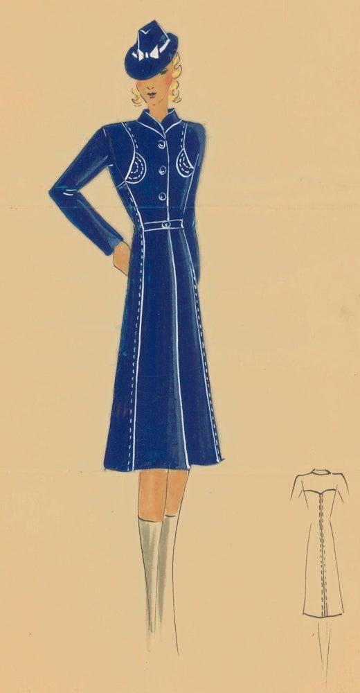 Item nr. 162493 Ultramarine princess coat with white reverse stitching. Original Fashion Illustration. Ginette de Paris, Ginette Jaccard.