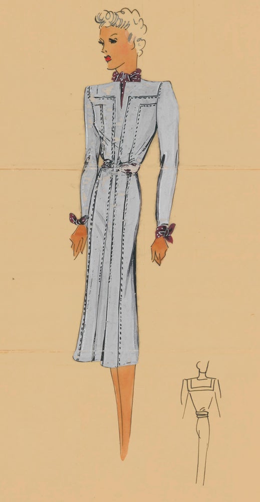 Item nr. 162494 Western-inspired, fitted dress in lavender with burgundy ascot knot and cuff details. Original Fashion Illustration. Ginette de Paris, Ginette Jaccard.