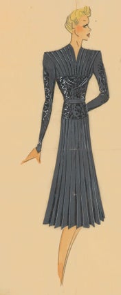 Item nr. 162495 Grey, pleated dress with black beading. Original Fashion Illustration. Ginette de...