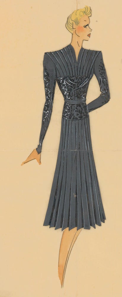 Item nr. 162495 Grey, pleated dress with black beading. Original Fashion Illustration. Ginette de Paris, Ginette Jaccard.