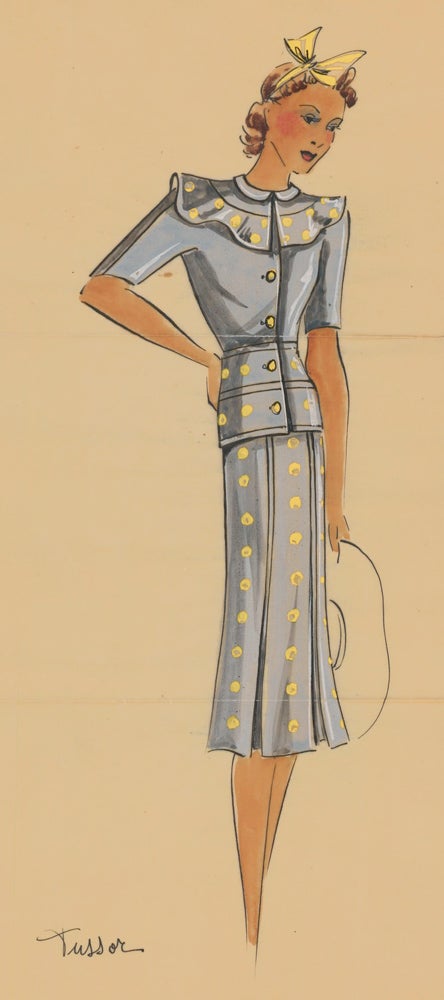 Item nr. 162496 Alice blue outfit with ruffled collar and polka-dots. Original Fashion Illustration. Ginette de Paris, Ginette Jaccard.