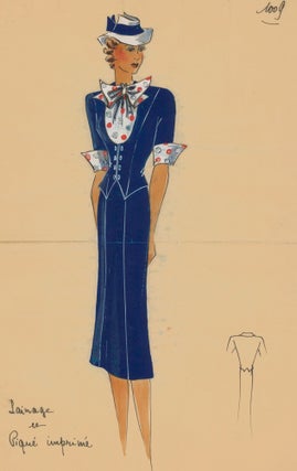 Item nr. 162497 Navy skirt suit with polka-dotted ascot tie. Original Fashion Illustration....