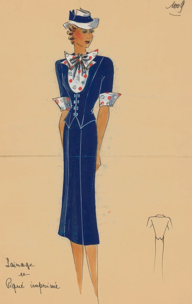 Item nr. 162497 Navy skirt suit with polka-dotted ascot tie. Original Fashion Illustration. Ginette de Paris, Ginette Jaccard.