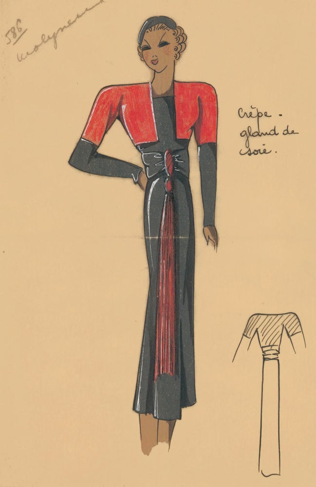 Item nr. 162498 Grey dress with tassle detail and a color-blocked bolero jacket. Original Fashion Illustration. Ginette de Paris, Ginette Jaccard.