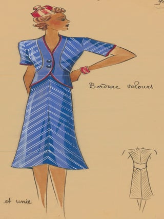 Item nr. 162499 Sporty, cornflower blue outfit with red trim. Original Fashion Illustration....