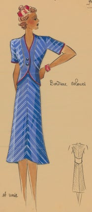 Item nr. 162499 Sporty, cornflower blue outfit with red trim. Original Fashion Illustration....