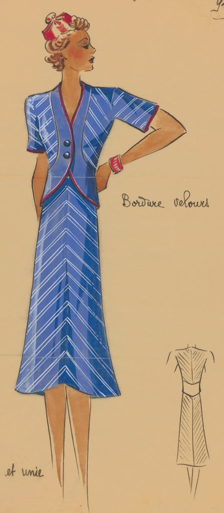 Item nr. 162499 Sporty, cornflower blue outfit with red trim. Original Fashion Illustration. Ginette de Paris, Ginette Jaccard.