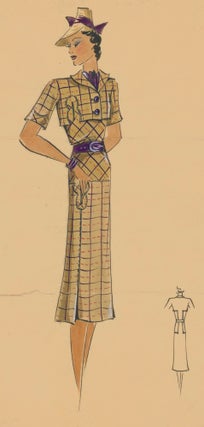 Item nr. 162500 Khaki pleated outfit in plaid, with eggplant purple accents. Original Fashion...