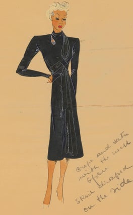 Item nr. 162501 Asphalt grey asymmetric dress. Original Fashion Illustration. Ginette de Paris,...