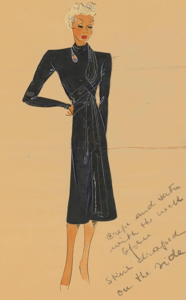 Item nr. 162501 Asphalt grey asymmetric dress. Original Fashion Illustration. Ginette de Paris, Ginette Jaccard.