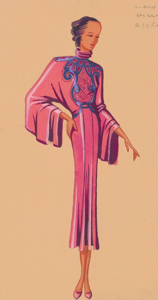 Item nr. 162503 Cheongsam-inspired magenta dress with intricate embroidery and butterfly sleeves. Original Fashion Illustration. Ginette de Paris, Ginette Jaccard.