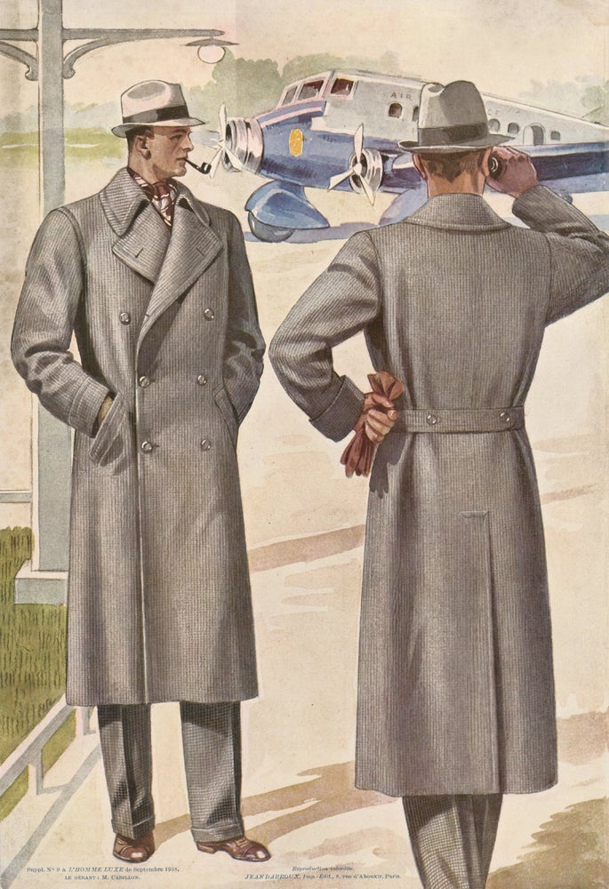 Item nr. 162556 Men in double-breasted overcoats, standing in front of an airplane. Jean Darroux.