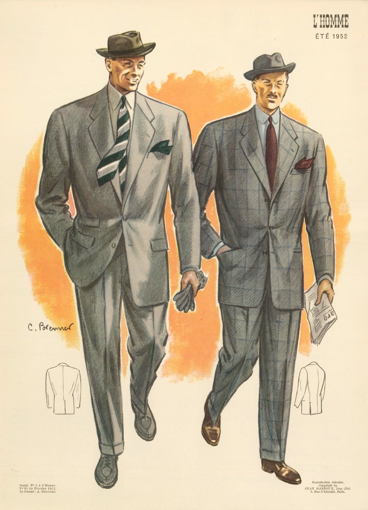 Item nr. 162730 Morning stroll with the newspaper, in grey single-breasted suit jackets for Spring 1952. L'Homme. C. Brenner.