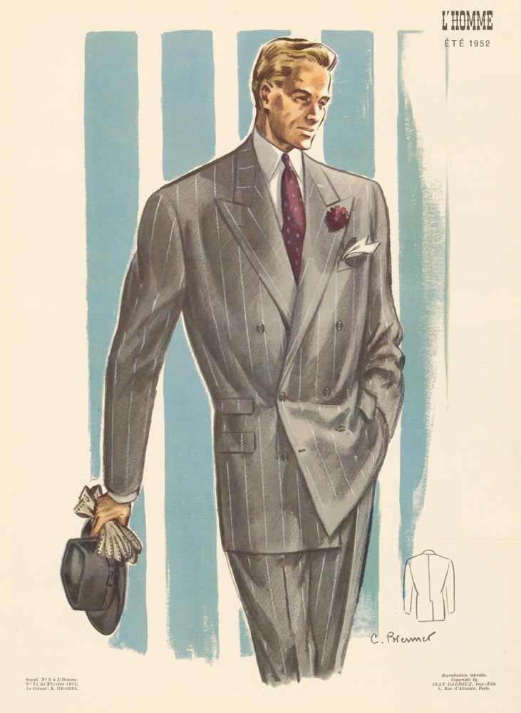 Item nr. 162731 Double-breasted suit in grey pinstripe, accessorized in burgundy, for Spring 1952. L'Homme. C. Brenner.